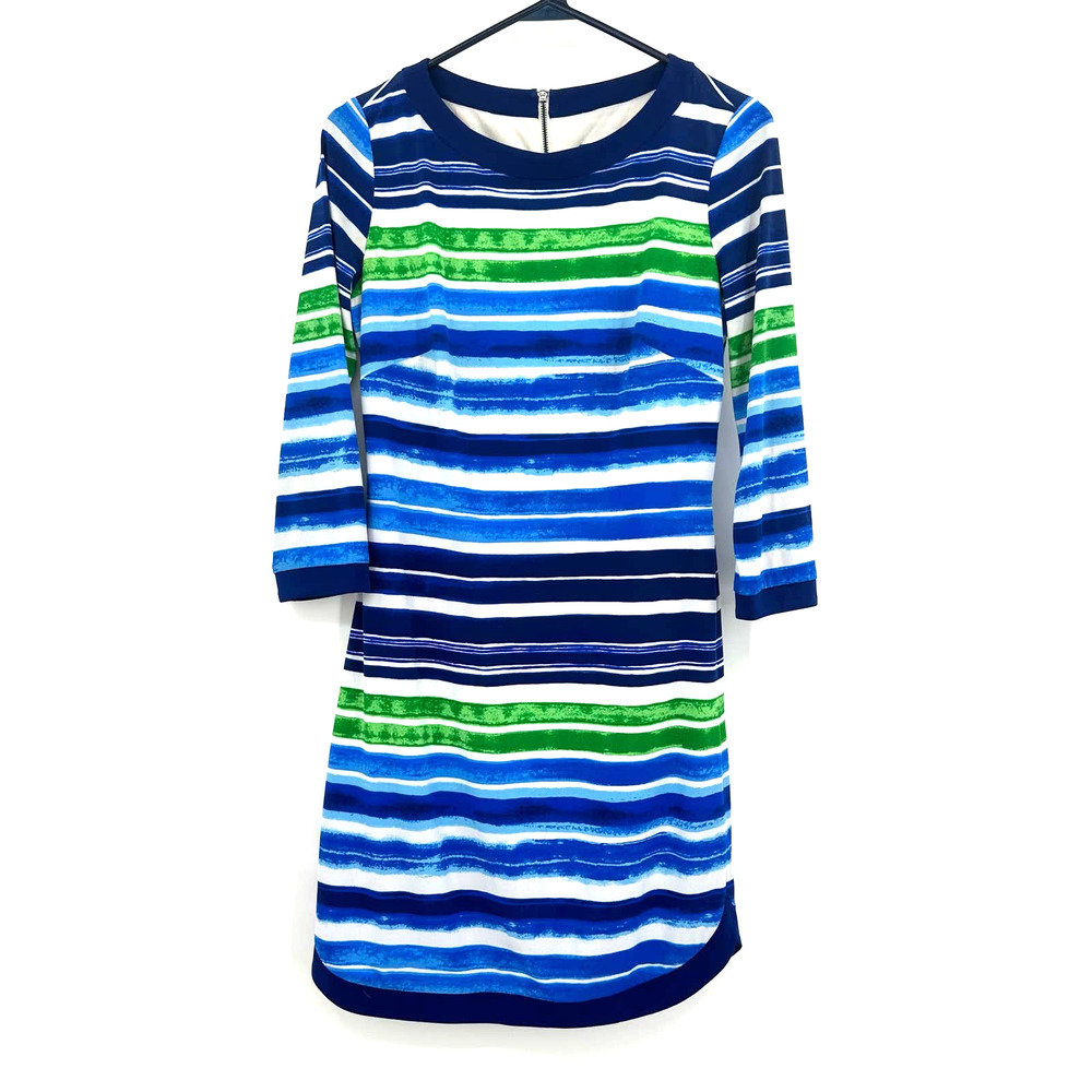 Vince Camuto size 2 striped dress long sleeve knee length blue green white
